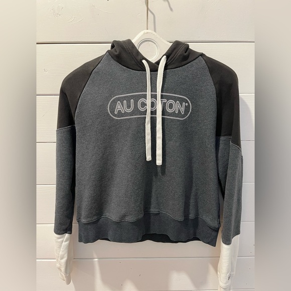 🩶 Au Coton Hoodie – Charcoal & Black Colorblock – Size L - Picture 1 of 8